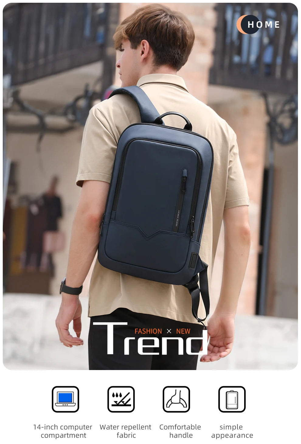 HcanKcan Men Fashion Backpack Slim 14 Inch Laptop Bag Business Multifunctional Waterproof School Unisex Casual Travel Black Bag