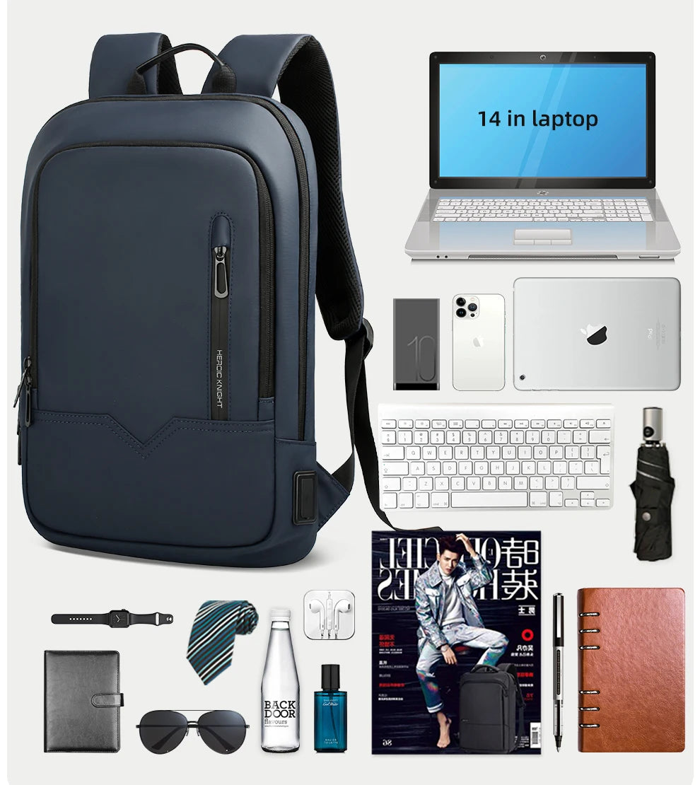 HcanKcan Men Fashion Backpack Slim 14 Inch Laptop Bag Business Multifunctional Waterproof School Unisex Casual Travel Black Bag
