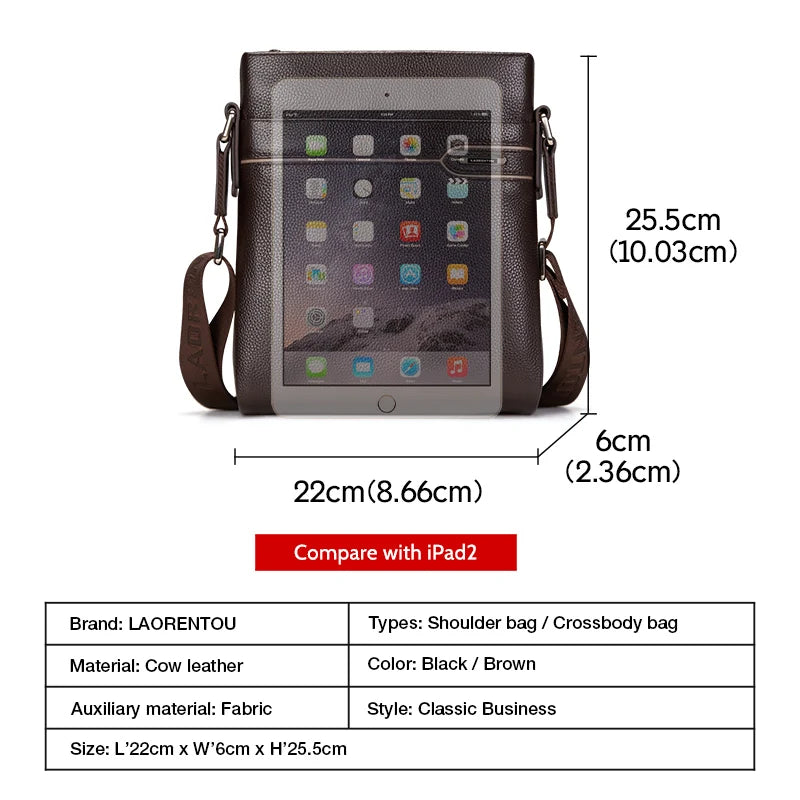 LAORENTOU Men Genuine Leather Crossbody Bag Business Messenger Bag Shoulder Bag Real Cow Leather Casual Purse Bag