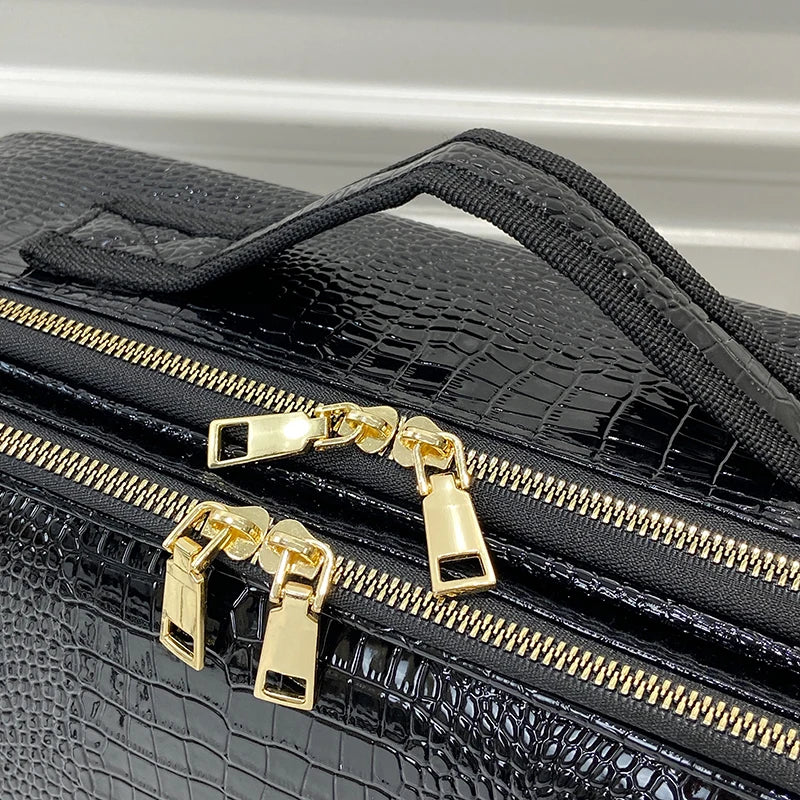 New Crocodile PU Leather Cosmetic Bag Professional Make Up Box Large Capacity Storage Travel Toiletry Makeup Suitcase