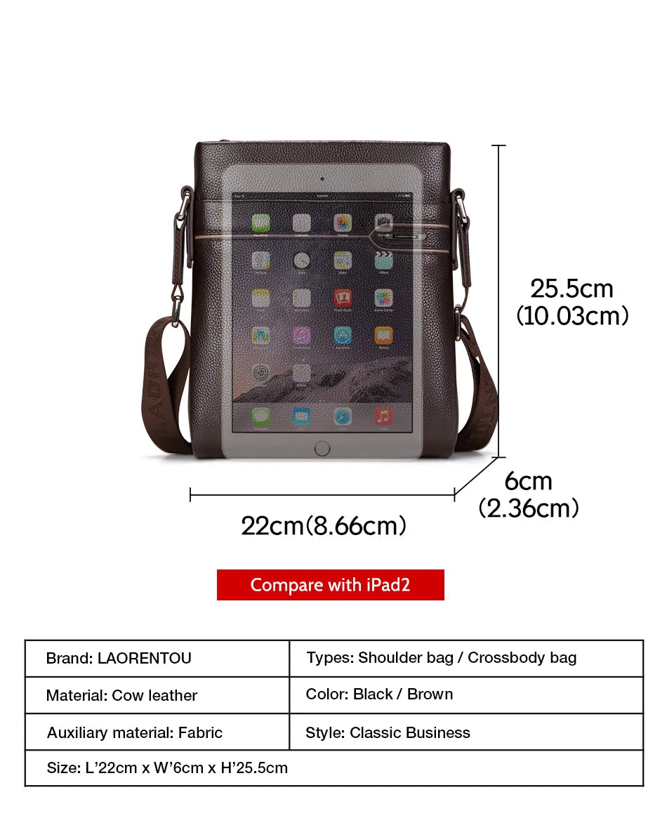 LAORENTOU Men Genuine Leather Crossbody Bag Business Messenger Bag Shoulder Bag Real Cow Leather Casual Purse Bag