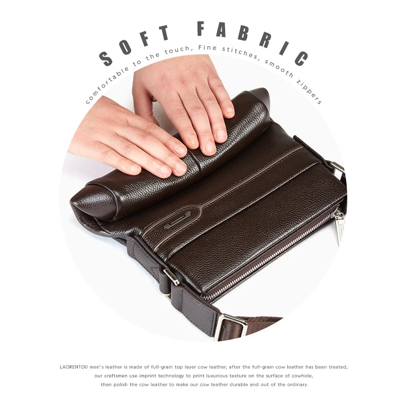 LAORENTOU Men Genuine Leather Crossbody Bag Business Messenger Bag Shoulder Bag Real Cow Leather Casual Purse Bag