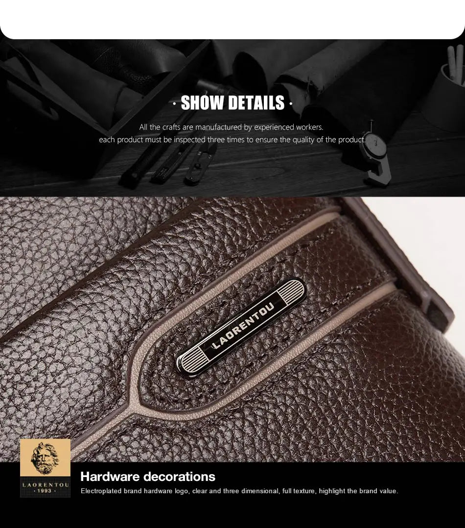 LAORENTOU Men Genuine Leather Crossbody Bag Business Messenger Bag Shoulder Bag Real Cow Leather Casual Purse Bag