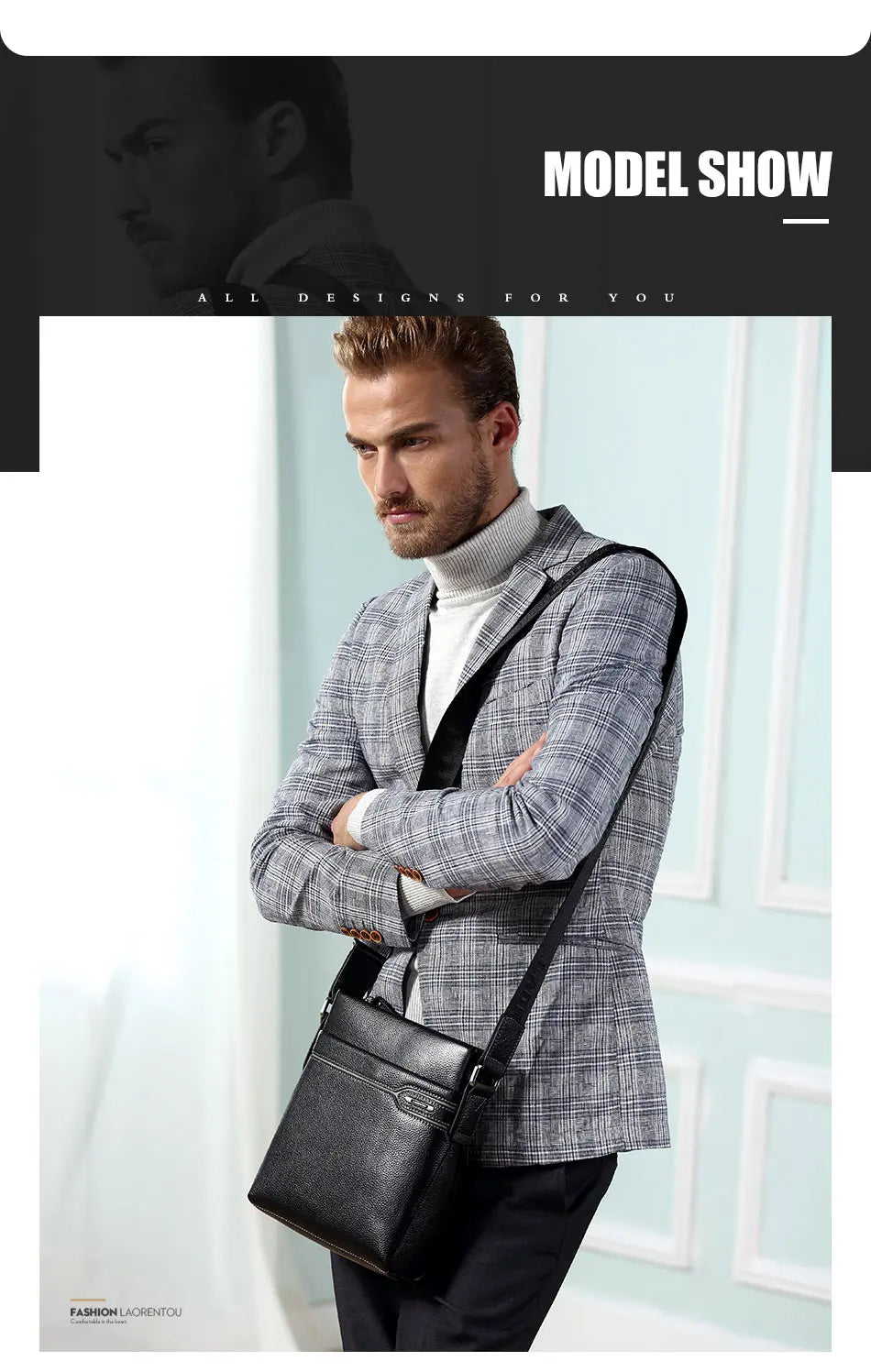 LAORENTOU Men Genuine Leather Crossbody Bag Business Messenger Bag Shoulder Bag Real Cow Leather Casual Purse Bag