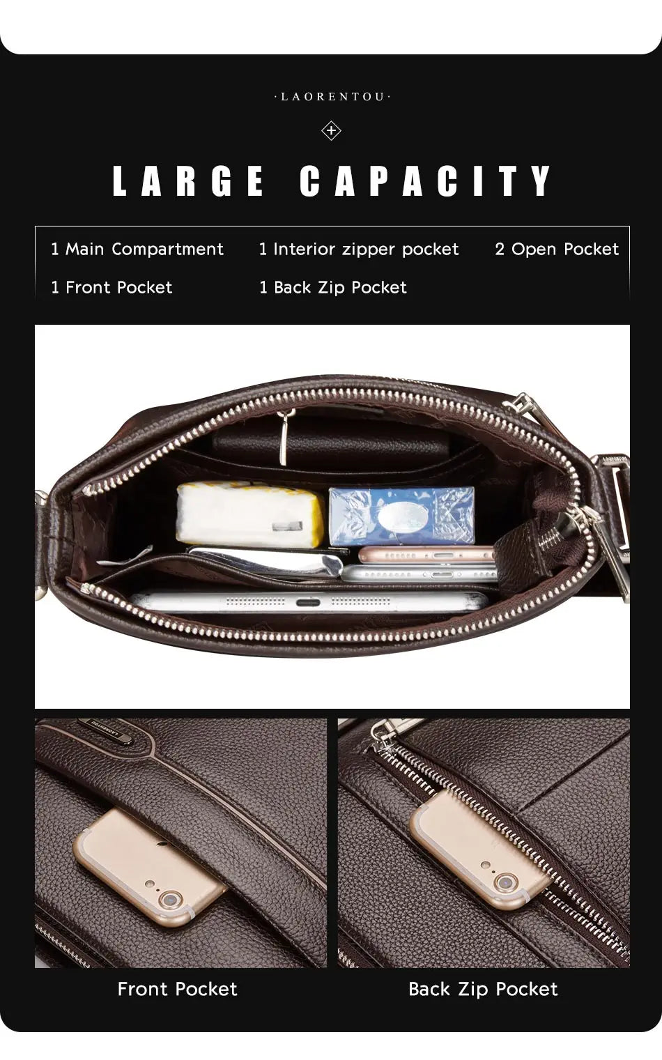 LAORENTOU Men Genuine Leather Crossbody Bag Business Messenger Bag Shoulder Bag Real Cow Leather Casual Purse Bag