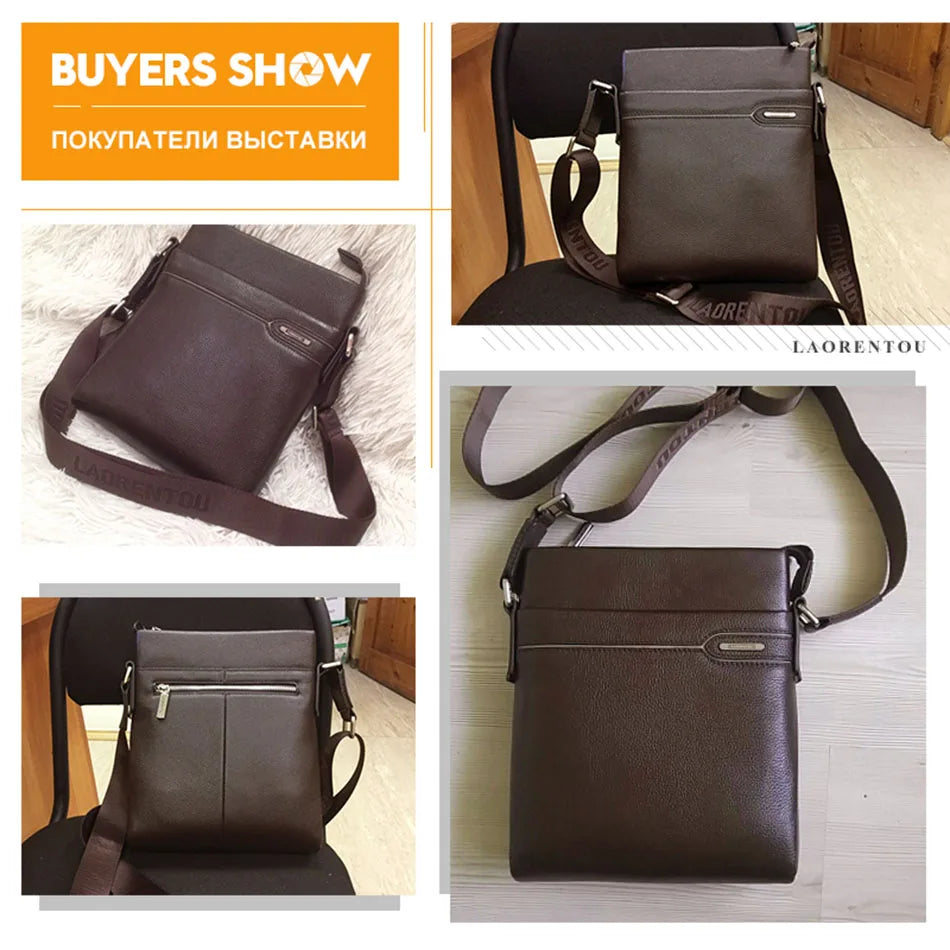 LAORENTOU Men Genuine Leather Crossbody Bag Business Messenger Bag Shoulder Bag Real Cow Leather Casual Purse Bag