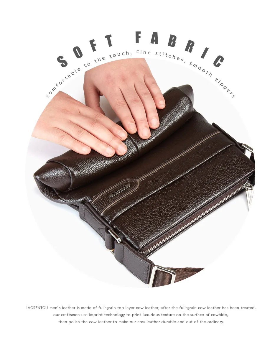 LAORENTOU Men Genuine Leather Crossbody Bag Business Messenger Bag Shoulder Bag Real Cow Leather Casual Purse Bag