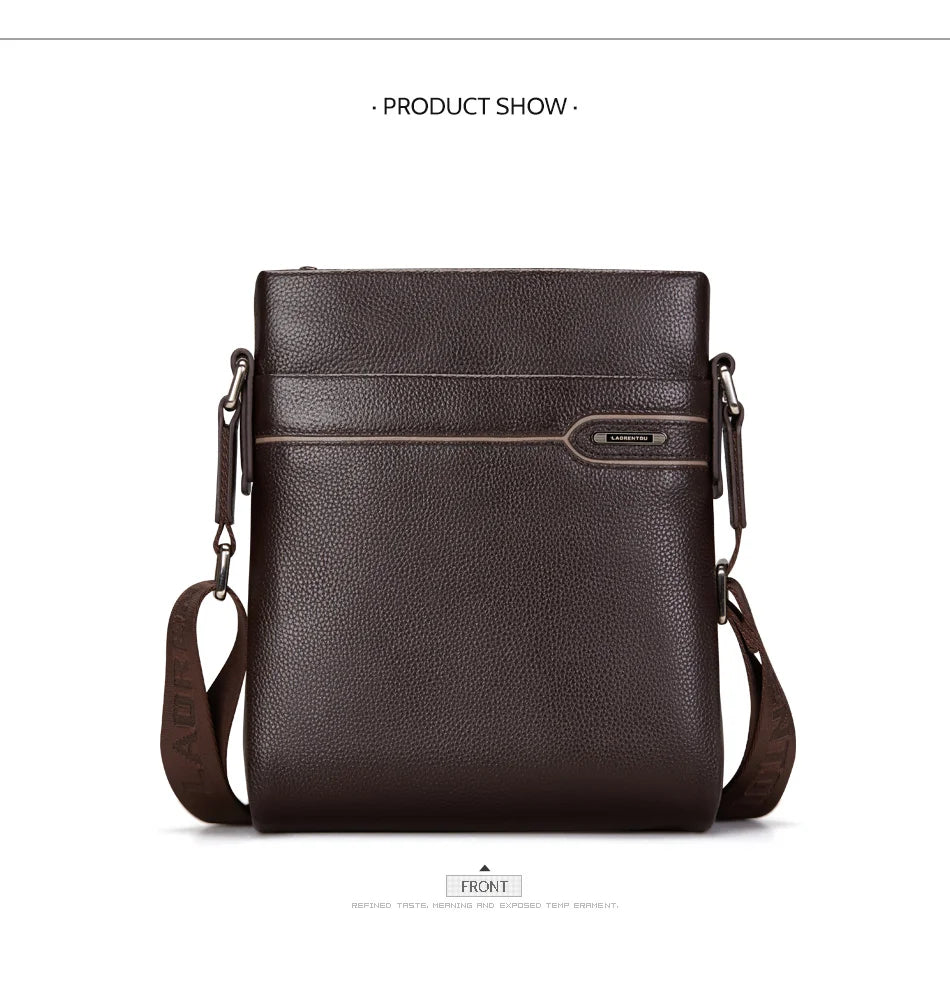 LAORENTOU Men Genuine Leather Crossbody Bag Business Messenger Bag Shoulder Bag Real Cow Leather Casual Purse Bag