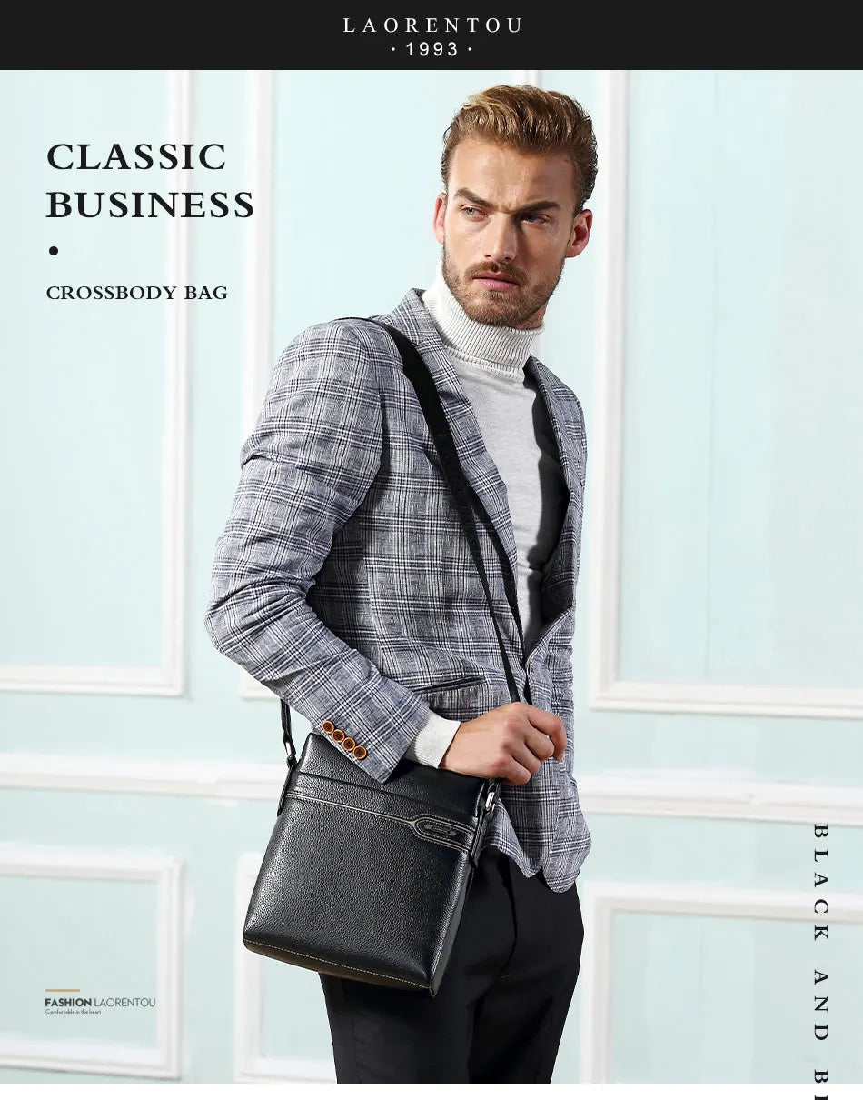 LAORENTOU Men Genuine Leather Crossbody Bag Business Messenger Bag Shoulder Bag Real Cow Leather Casual Purse Bag