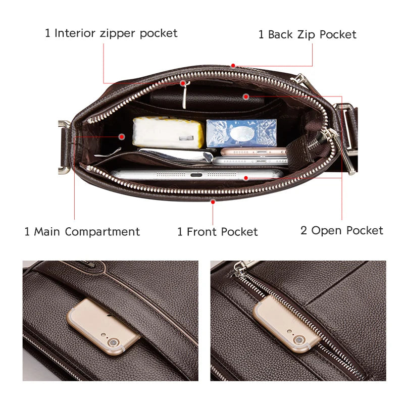 LAORENTOU Men Genuine Leather Crossbody Bag Business Messenger Bag Shoulder Bag Real Cow Leather Casual Purse Bag
