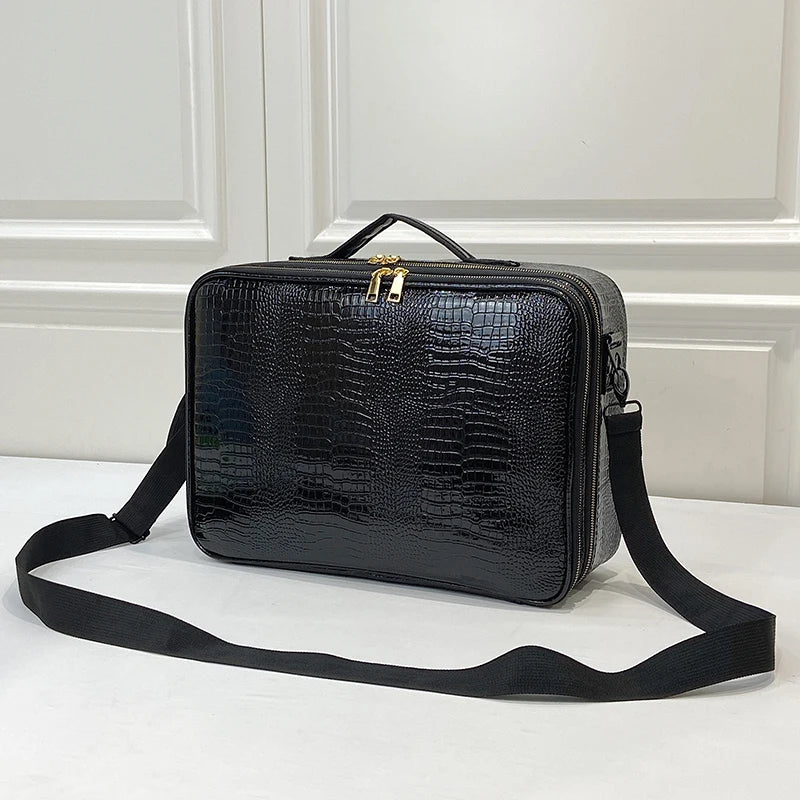New Crocodile PU Leather Cosmetic Bag Professional Make Up Box Large Capacity Storage Travel Toiletry Makeup Suitcase