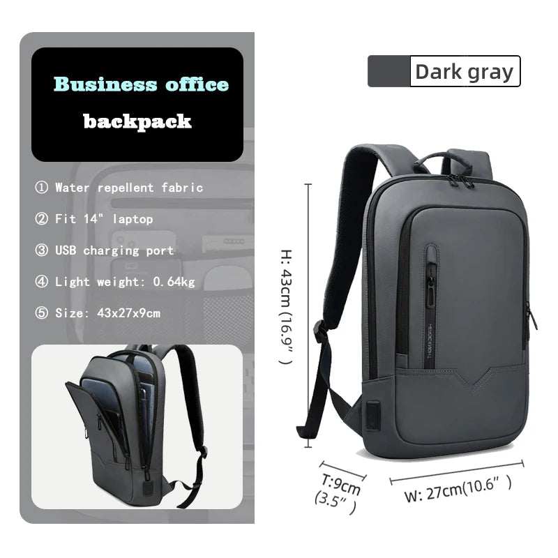 HcanKcan Men Fashion Backpack Slim 14 Inch Laptop Bag Business Multifunctional Waterproof School Unisex Casual Travel Black Bag