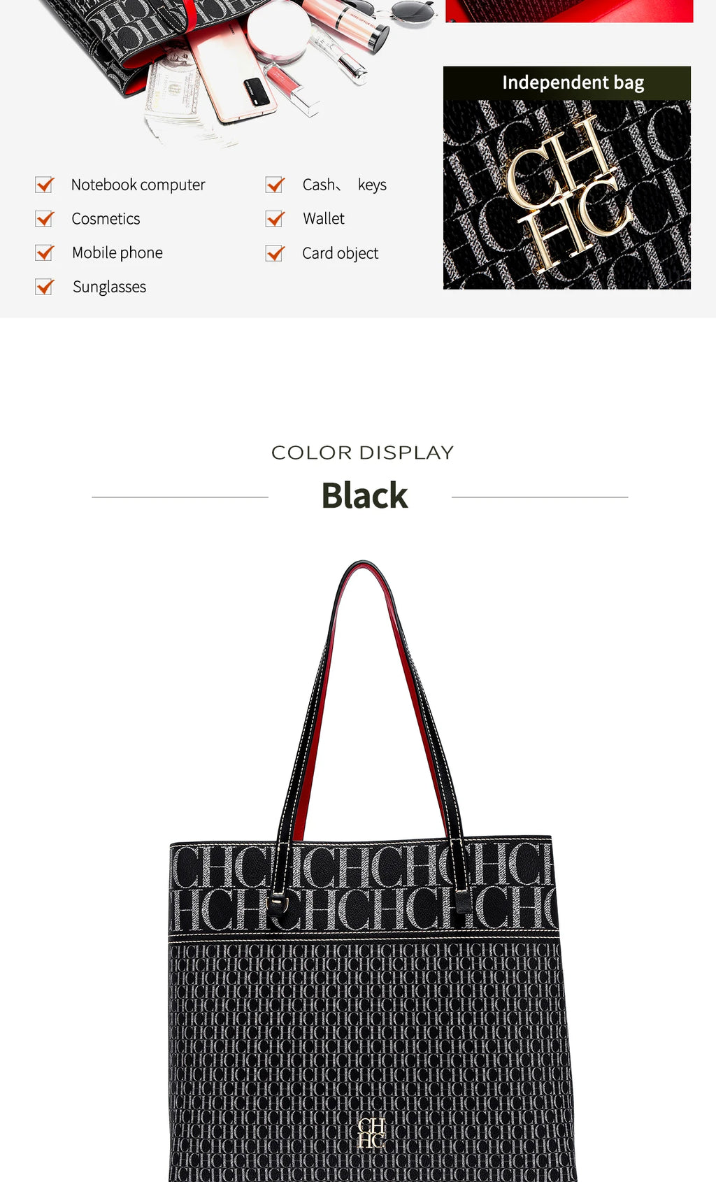 CH Leather Women's Bag Brand Engraved Exquisite Large Capacity Handbag Classic Durable Elegant Fashion Casual Bag with Base