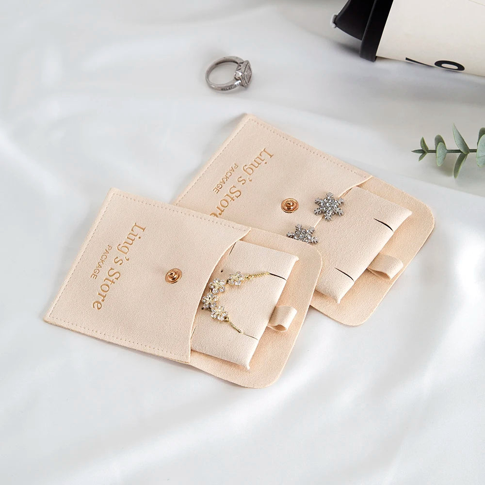 20/50/100Set Beige Personalized Logo Jewelry Microfiber Snap Bag 8x8cm Button Pouch Insert 6x6cm Earring Studs Pad Necklace Card