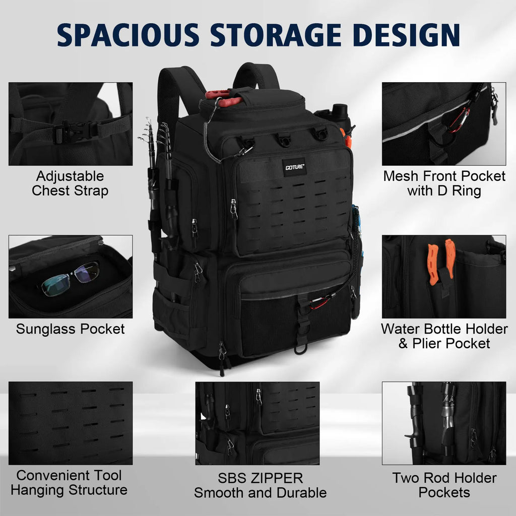 Goture 55*36*28cm Waterproof Fishing Backpack Tackle Bag Hard Bottom with Rod Holders Fish Tool Storage Outdoor Camping Bag