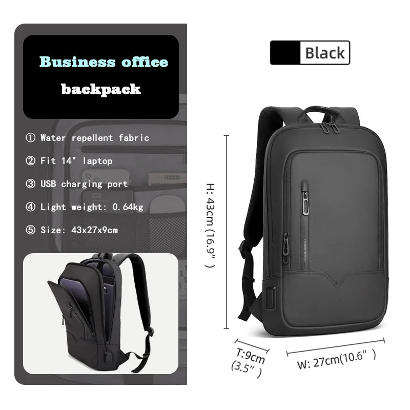 HcanKcan Men Fashion Backpack Slim 14 Inch Laptop Bag Business Multifunctional Waterproof School Unisex Casual Travel Black Bag