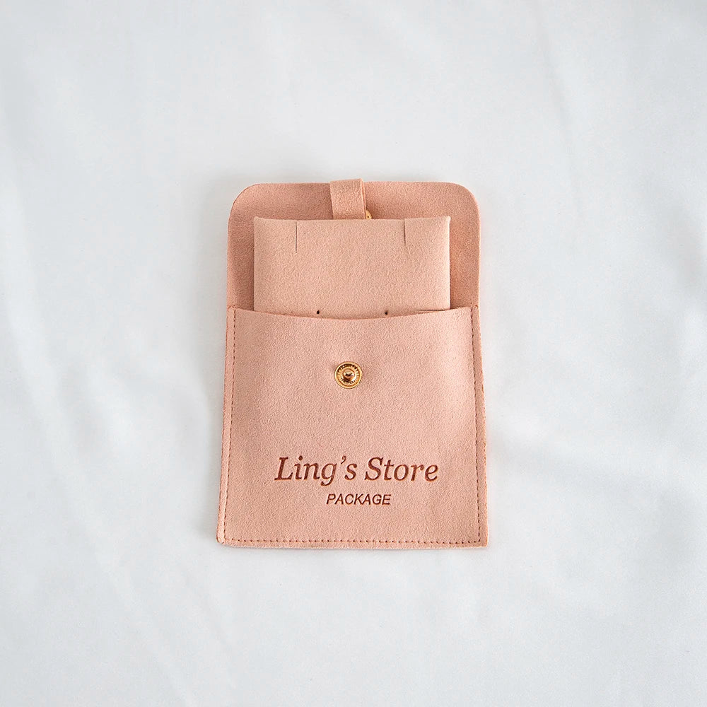 20/50/100Set Beige Personalized Logo Jewelry Microfiber Snap Bag 8x8cm Button Pouch Insert 6x6cm Earring Studs Pad Necklace Card