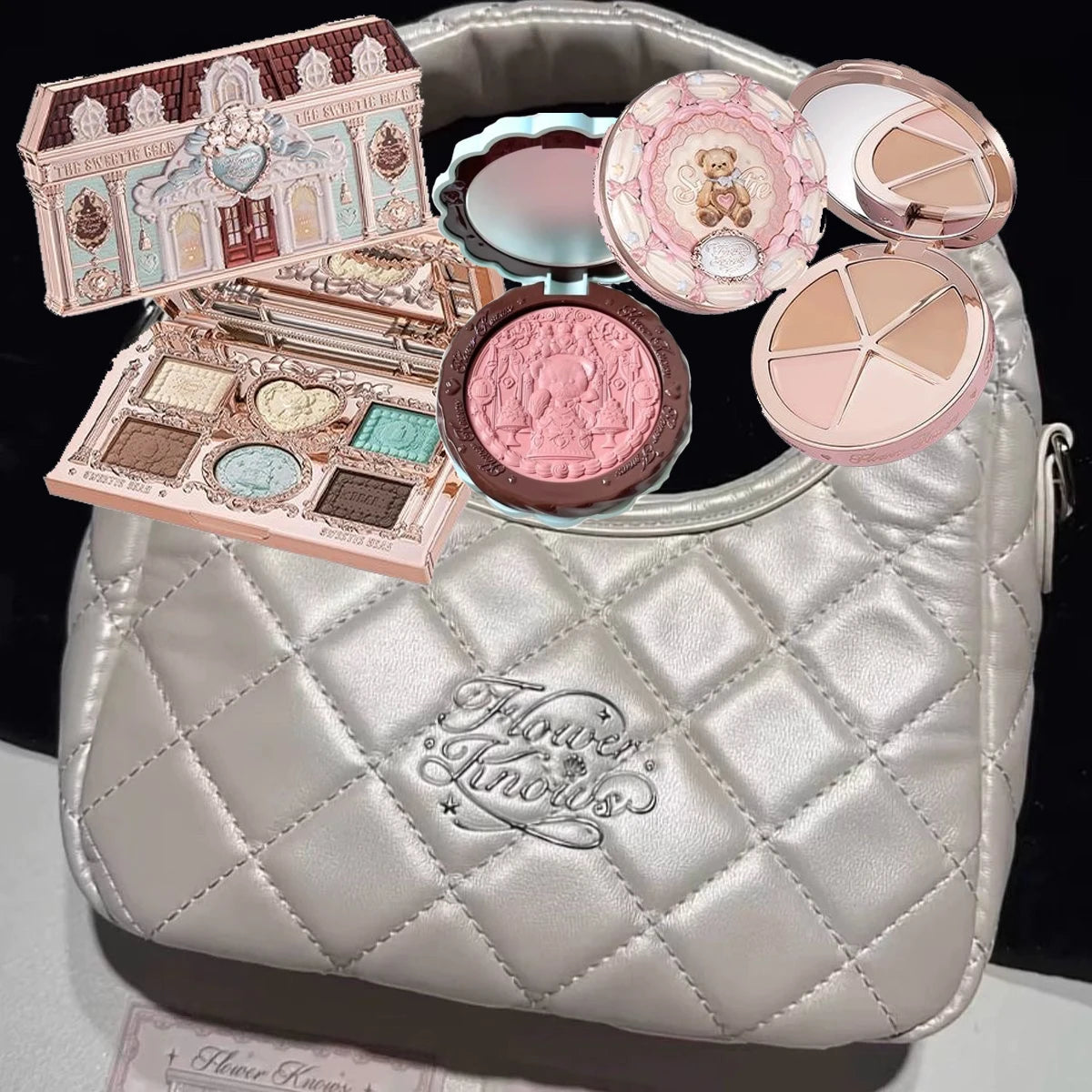 Flower Knows Makeup Set Swan Ballet Concealer Palette Embossed Blusher Shine Lipstick Kit With Bag THE SWEETIE BEAR Bunny Garden
