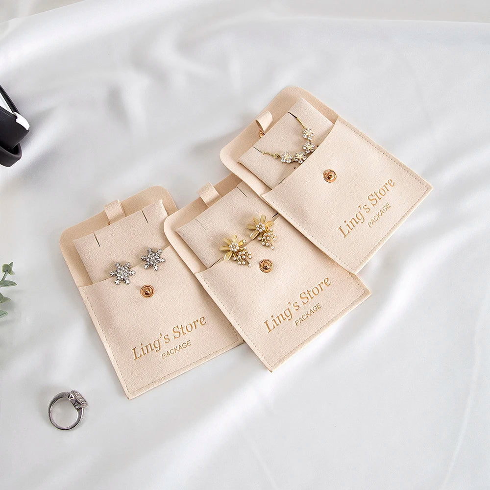 20/50/100Set Beige Personalized Logo Jewelry Microfiber Snap Bag 8x8cm Button Pouch Insert 6x6cm Earring Studs Pad Necklace Card