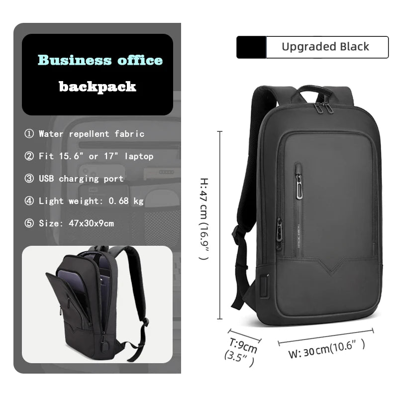 HcanKcan Men Fashion Backpack Slim 14 Inch Laptop Bag Business Multifunctional Waterproof School Unisex Casual Travel Black Bag