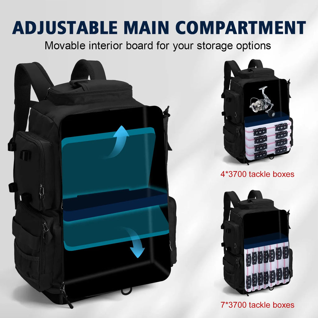 Goture 55*36*28cm Waterproof Fishing Backpack Tackle Bag Hard Bottom with Rod Holders Fish Tool Storage Outdoor Camping Bag