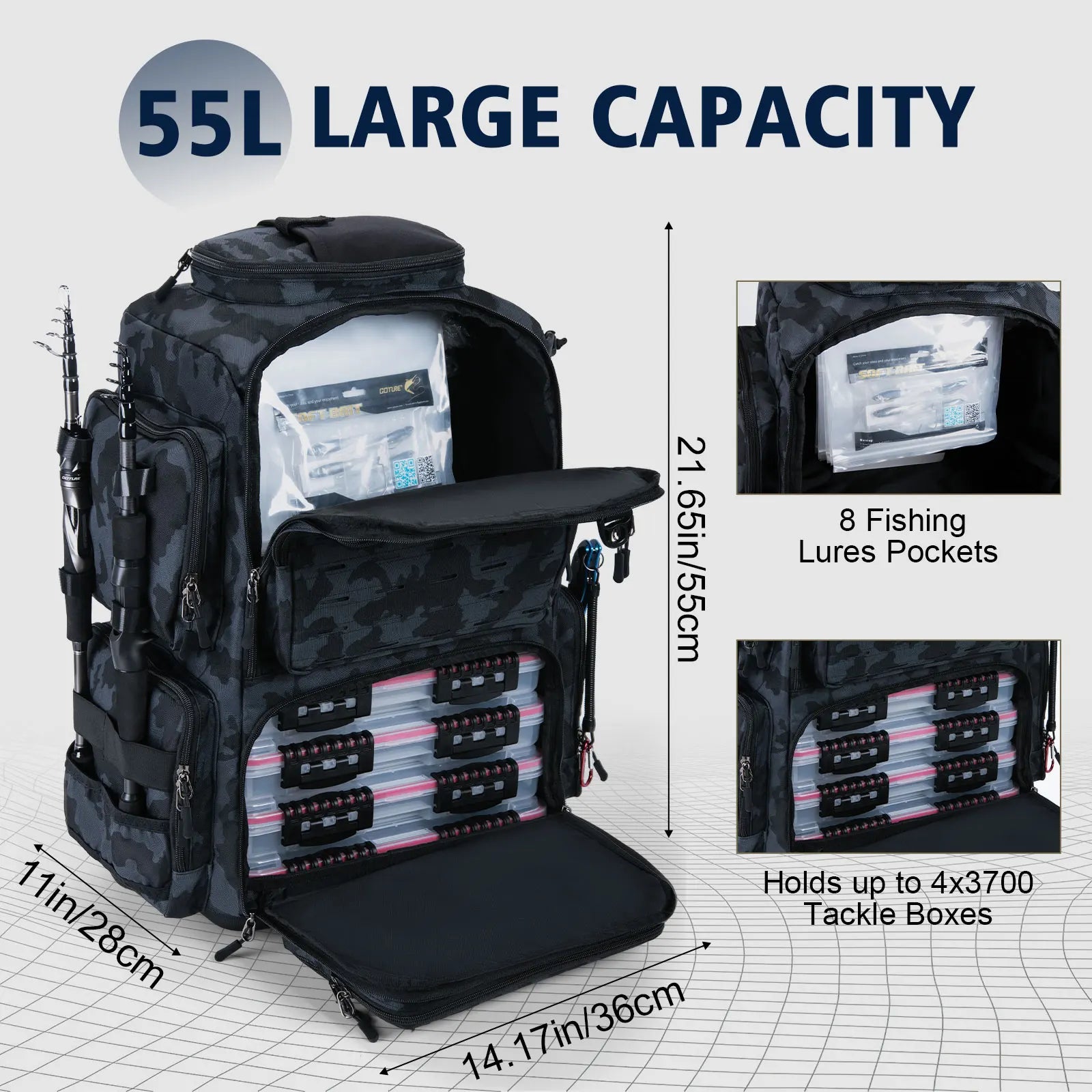 Goture 55*36*28cm Waterproof Fishing Backpack Tackle Bag Hard Bottom with Rod Holders Fish Tool Storage Outdoor Camping Bag