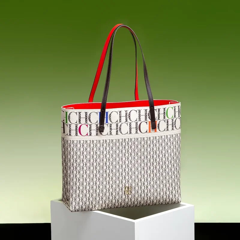 CH Leather Women's Bag Brand Engraved Exquisite Large Capacity Handbag Classic Durable Elegant Fashion Casual Bag with Base