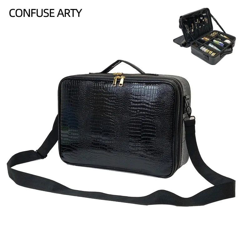 New Crocodile PU Leather Cosmetic Bag Professional Make Up Box Large Capacity Storage Travel Toiletry Makeup Suitcase