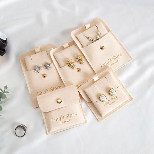 20/50/100Set Beige Personalized Logo Jewelry Microfiber Snap Bag 8x8cm Button Pouch Insert 6x6cm Earring Studs Pad Necklace Card