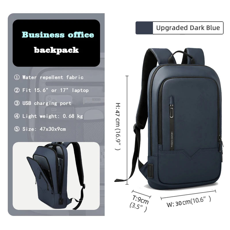 HcanKcan Men Fashion Backpack Slim 14 Inch Laptop Bag Business Multifunctional Waterproof School Unisex Casual Travel Black Bag