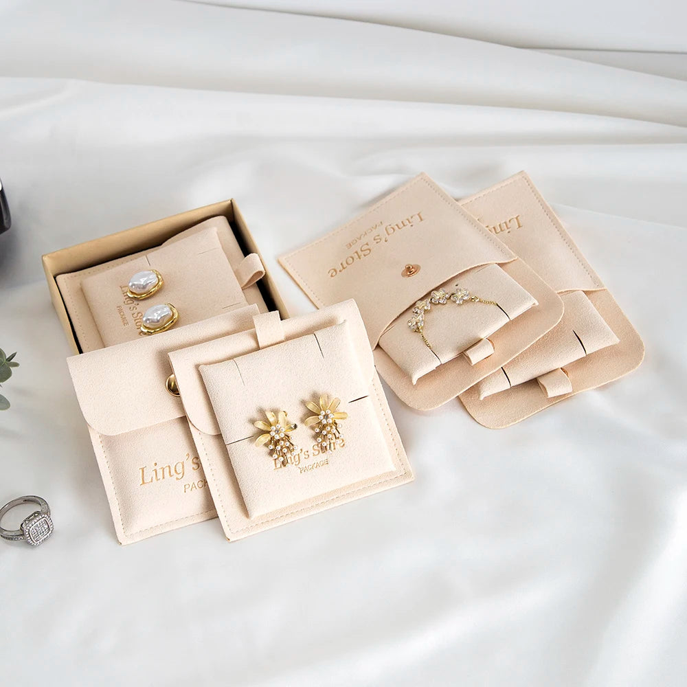 20/50/100Set Beige Personalized Logo Jewelry Microfiber Snap Bag 8x8cm Button Pouch Insert 6x6cm Earring Studs Pad Necklace Card