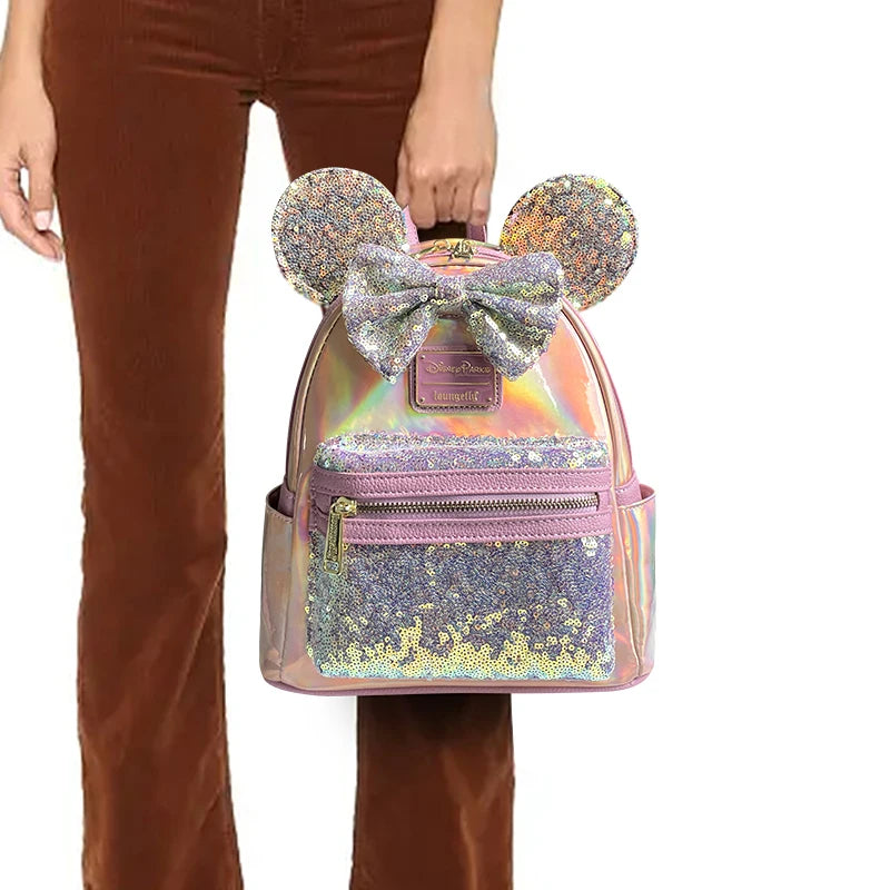 PU Leather Stitch Women Double Shoulder Backpack Donald Goofy Mickey Lady Bags Sequin Schoolbag Handbag Mummy Bag Girls