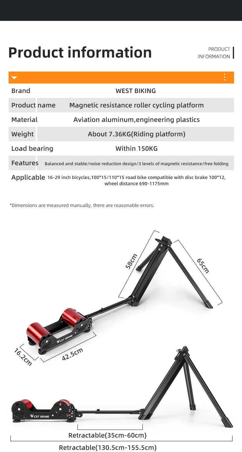 WEST BIKING Portable Bicycle Magnetic Resistance Roller Training Stand Indoor MTB Road Bike Roller Trainer with Storage Bag