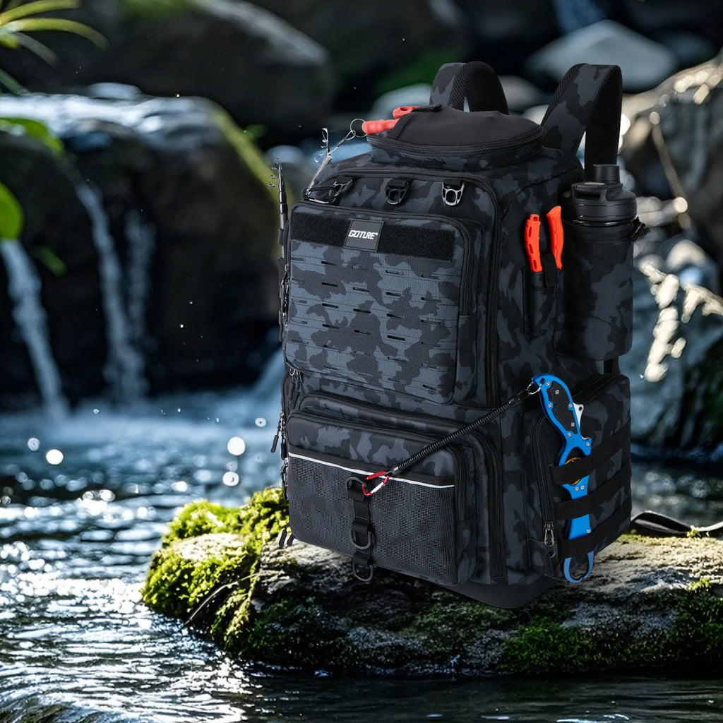 Goture 55*36*28cm Waterproof Fishing Backpack Tackle Bag Hard Bottom with Rod Holders Fish Tool Storage Outdoor Camping Bag