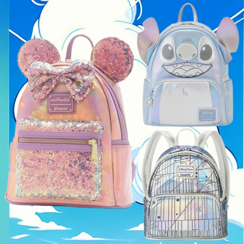 PU Leather Stitch Women Double Shoulder Backpack Donald Goofy Mickey Lady Bags Sequin Schoolbag Handbag Mummy Bag Girls