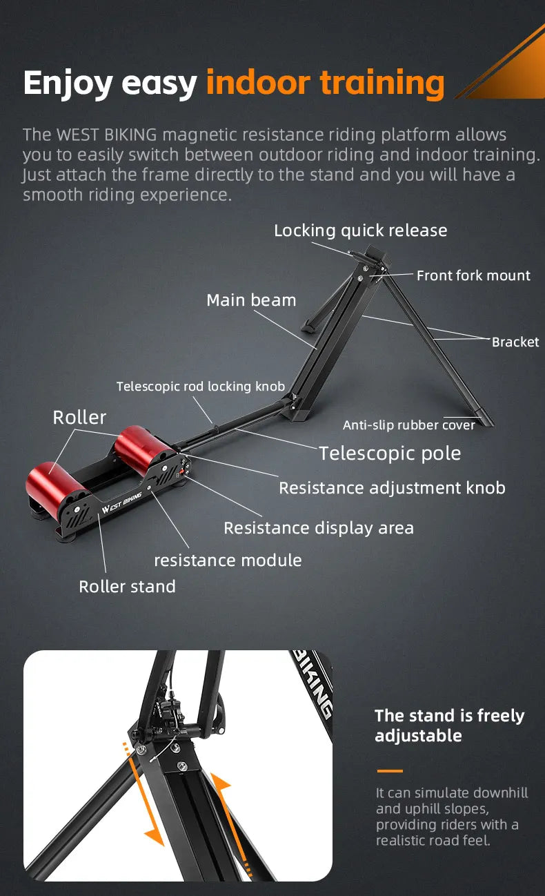WEST BIKING Portable Bicycle Magnetic Resistance Roller Training Stand Indoor MTB Road Bike Roller Trainer with Storage Bag