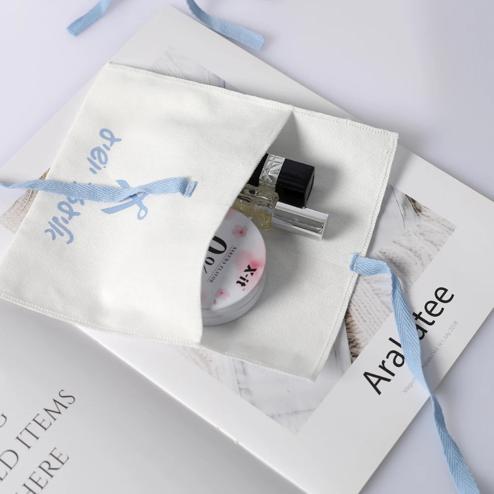 Custom Logo Luxury Jewelry Pouch cotton Envelope Cosmetic Gift Packaging Bag With Bow  Fashion Wedding Gift Bags Candy Bags