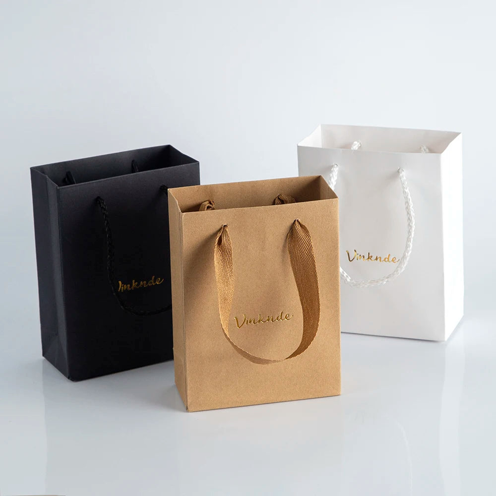 50pcs Custom Logo Luxury Retail Boutique Shopping Tote Bag White Black Kraft Gift Paper Bags For Perfume Shoes Clothes Packaging