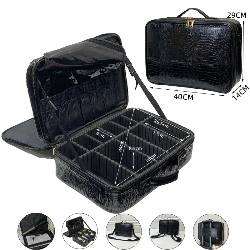New Crocodile PU Leather Cosmetic Bag Professional Make Up Box Large Capacity Storage Travel Toiletry Makeup Suitcase