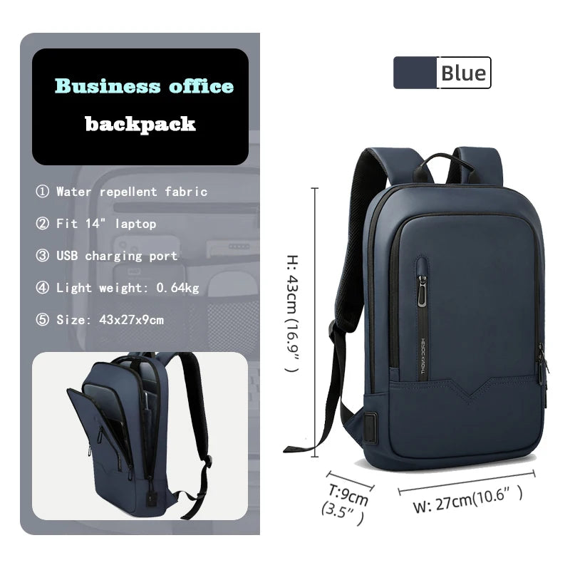 HcanKcan Men Fashion Backpack Slim 14 Inch Laptop Bag Business Multifunctional Waterproof School Unisex Casual Travel Black Bag