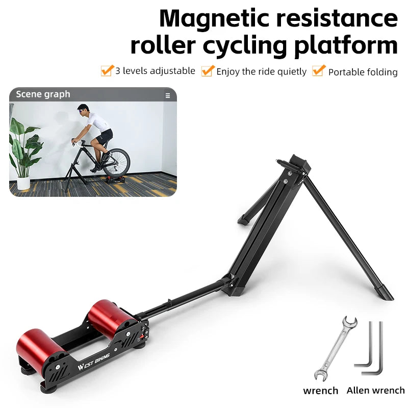 WEST BIKING Portable Bicycle Magnetic Resistance Roller Training Stand Indoor MTB Road Bike Roller Trainer with Storage Bag