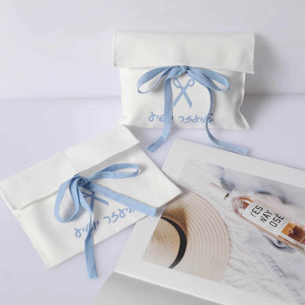 Custom Logo Luxury Jewelry Pouch cotton Envelope Cosmetic Gift Packaging Bag With Bow  Fashion Wedding Gift Bags Candy Bags