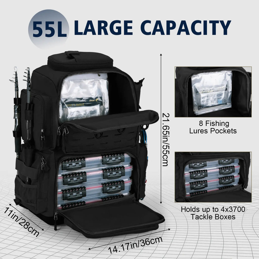 Goture 55*36*28cm Waterproof Fishing Backpack Tackle Bag Hard Bottom with Rod Holders Fish Tool Storage Outdoor Camping Bag