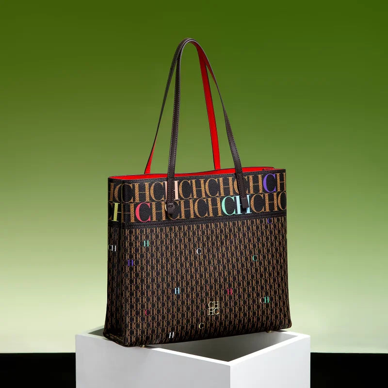 CH Leather Women's Bag Brand Engraved Exquisite Large Capacity Handbag Classic Durable Elegant Fashion Casual Bag with Base