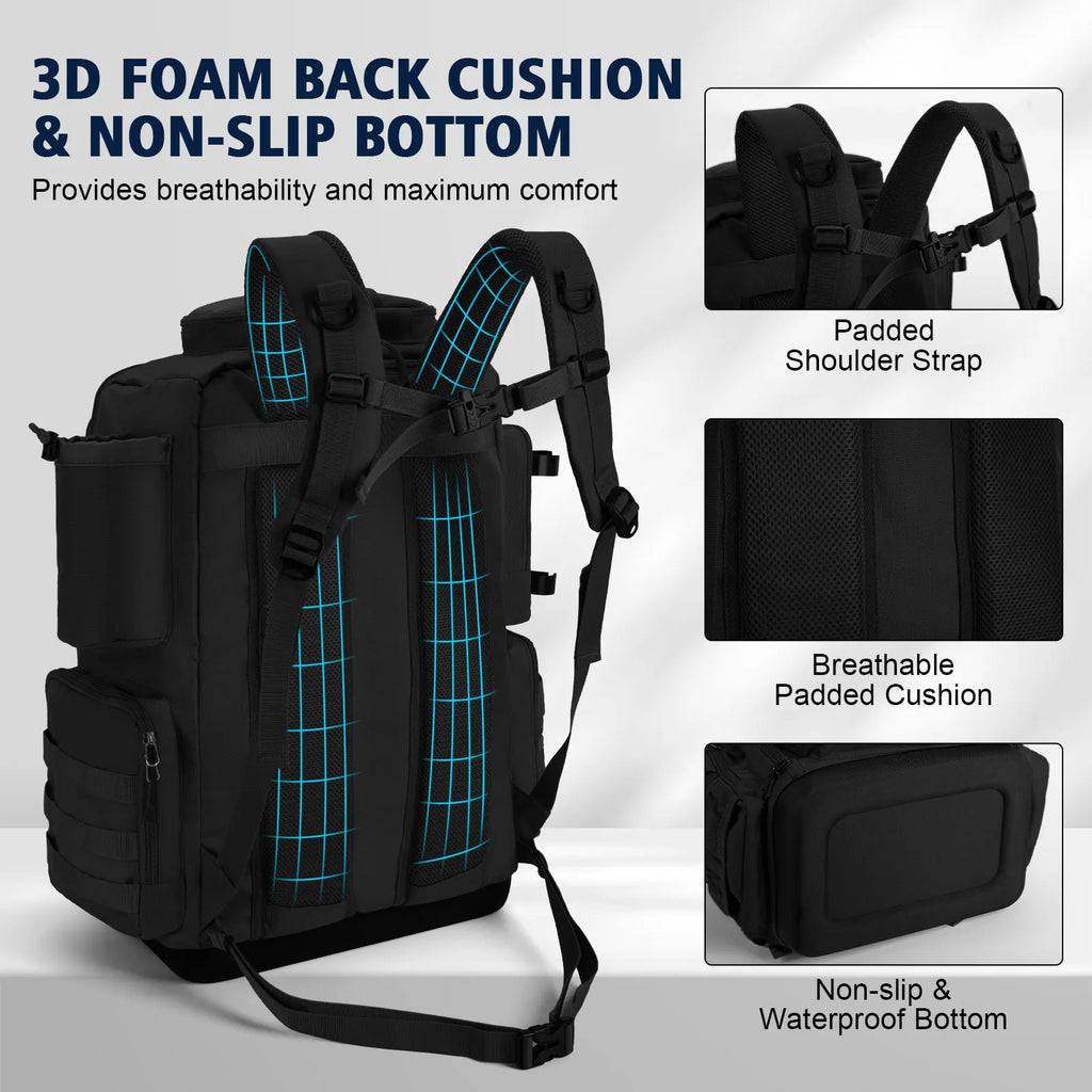 Goture 55*36*28cm Waterproof Fishing Backpack Tackle Bag Hard Bottom with Rod Holders Fish Tool Storage Outdoor Camping Bag