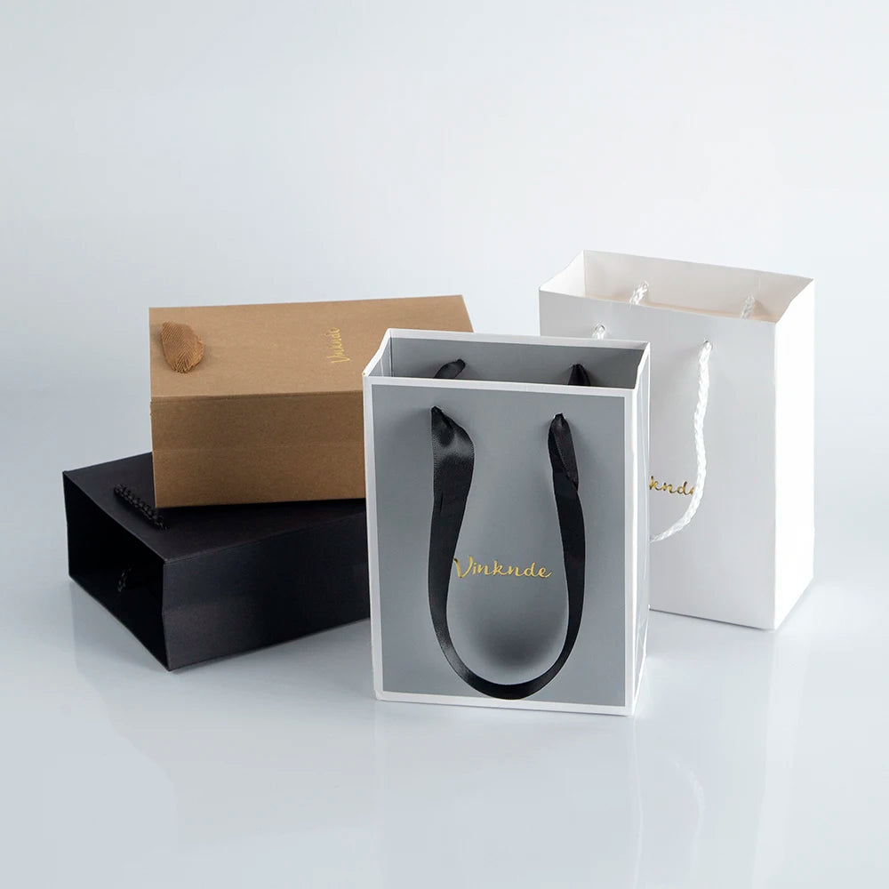 50pcs Custom Logo Luxury Retail Boutique Shopping Tote Bag White Black Kraft Gift Paper Bags For Perfume Shoes Clothes Packaging