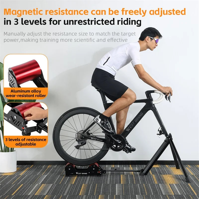 WEST BIKING Portable Bicycle Magnetic Resistance Roller Training Stand Indoor MTB Road Bike Roller Trainer with Storage Bag