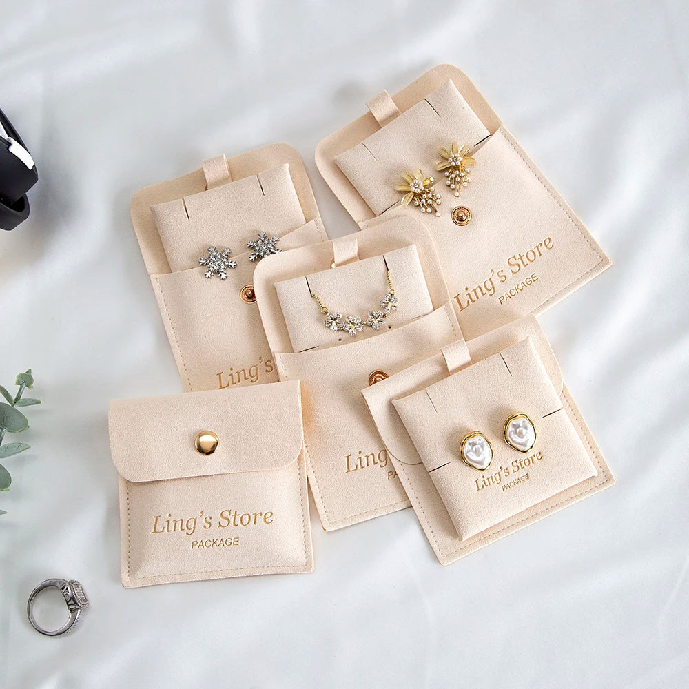 20/50/100Set Beige Personalized Logo Jewelry Microfiber Snap Bag 8x8cm Button Pouch Insert 6x6cm Earring Studs Pad Necklace Card