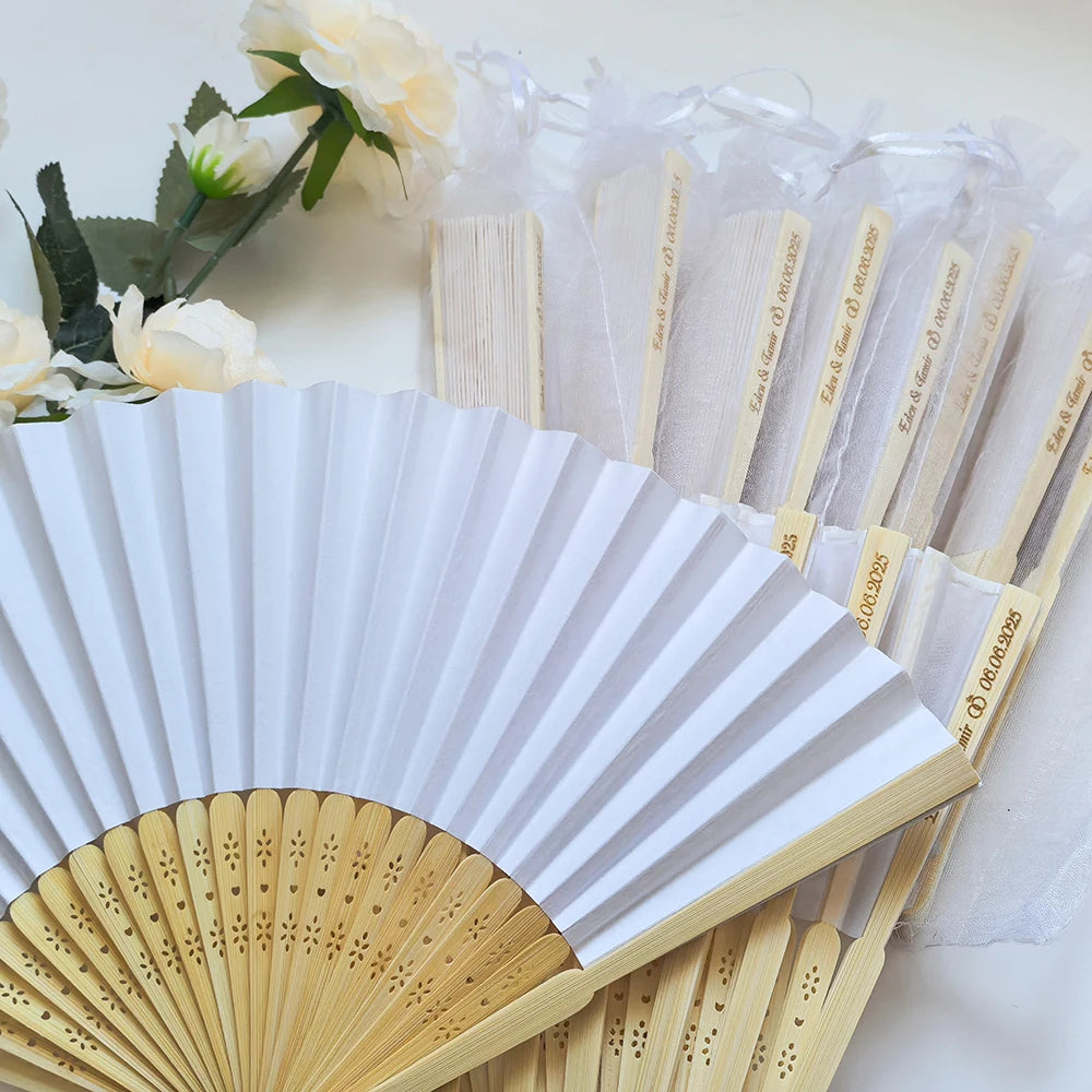 20/60/90 Personalized Engraved  Paper Fan with Gift bag with organza &  custom Wedding Supplies fans decorate ,Guest gifts
