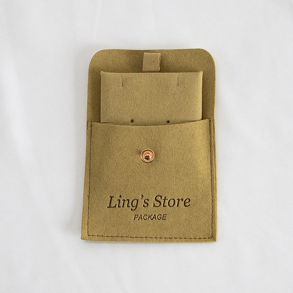 20/50/100Set Beige Personalized Logo Jewelry Microfiber Snap Bag 8x8cm Button Pouch Insert 6x6cm Earring Studs Pad Necklace Card